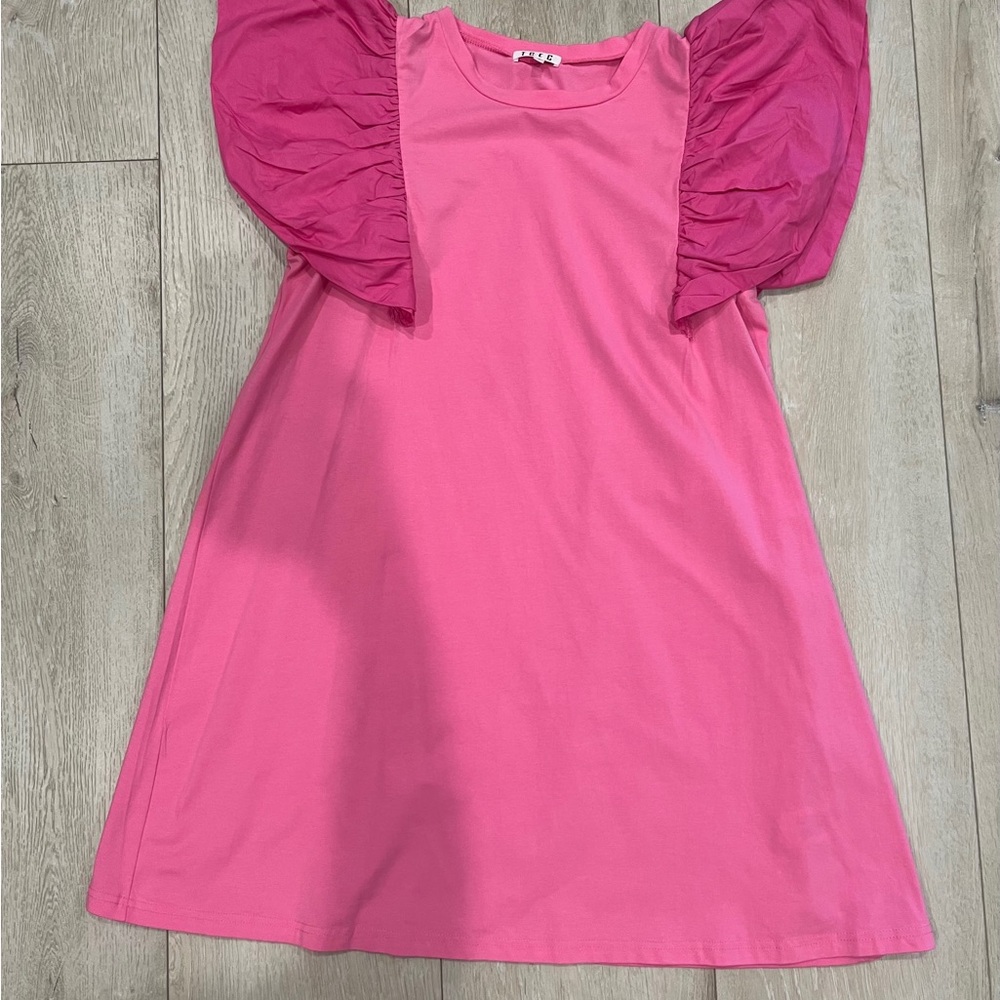 TCEC Pink Ruched Midi Dress with Puff Sleeves